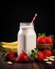 A refreshing smoothie in a jar surrounded by fresh strawberries and bananas.