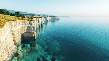 Golden cliffs rising from a calm turquoise sea, viewed from a high perspective, capturing the...