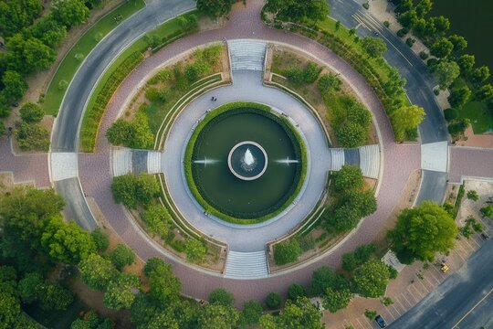 Aerial view of a circular park with fountain.