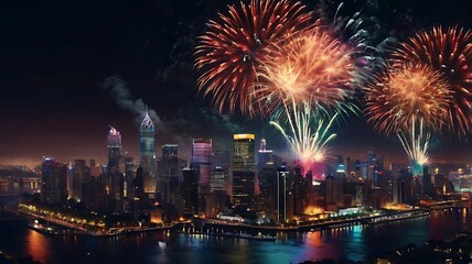 Fireworks Display Over a City Skyline at Night