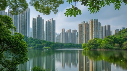 Obraz premium An artistic portrait of a group of tall buildings seen from across a calm lake under lush green trees.