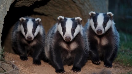 Three badgers gathered closely looking forward