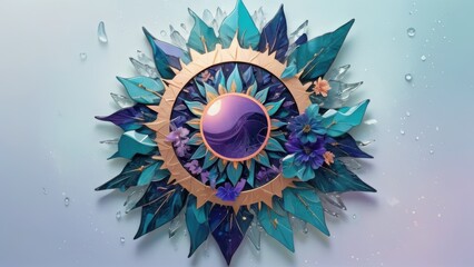 Ornate abstract mandala with vibrant blue, teal, and gold tones, featuring floral and crystal-like elements.