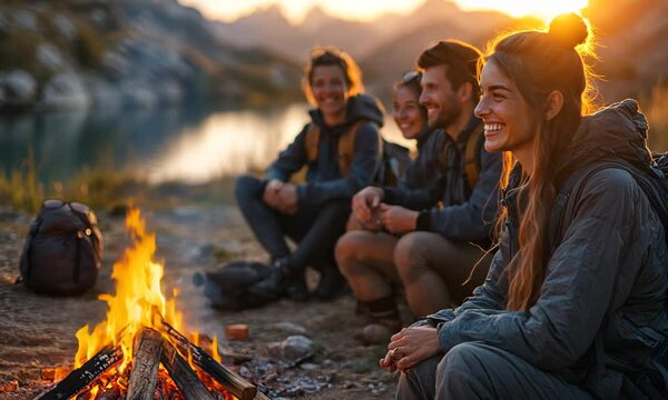 A group of friends enjoying a campfire at sunset by a serene lake.