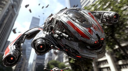 Fototapeta premium A futuristic spacecraft flying through a modern cityscape with sleek design and advanced technology.