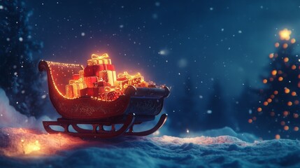 A sleigh filled with glowing gifts sits in the snow on Christmas Eve. A magical scene!