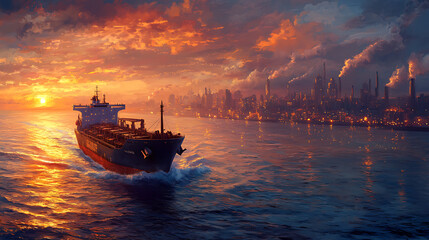 Obraz premium Oil tanker sailing towards a city skyline at sunset.