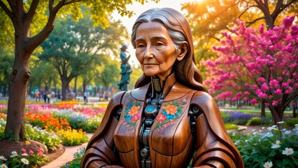 Elderly humanoid robot with wooden floral design in a vibrant park setting.