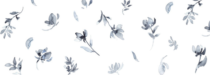 水彩画。水彩タッチのモノクロ草木と花のベクターイラスト。高級感のあるモノクロの草木イラスト。Watercolor painting. Vector illustration of black and white plants, trees and flowers with watercolor touch. Luxury black and white grass and trees illust