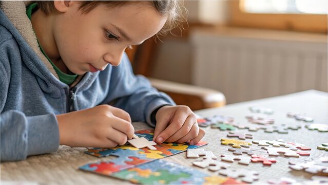 Young child concentrating on completing a colorful jigsaw puzzle at home