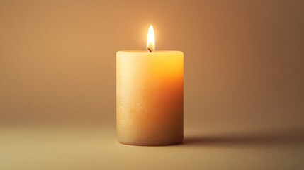 A single, softly lit candle glows against a warm, neutral background.