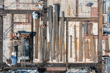 Aerial View of Construction Site Steel Reinforcement Framework