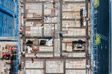 Aerial View of Multi Story Building Construction Steel Framework