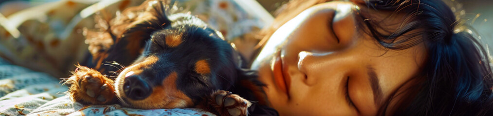 Naklejka premium Image of a woman and her dog napping in a warm house.
