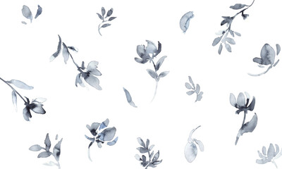 水彩画。水彩タッチのモノクロ草木と花のベクターイラスト。高級感のあるモノクロの草木イラスト。Watercolor painting. Vector illustration of black and white plants, trees and flowers with watercolor touch. Luxury black and white grass and trees illust