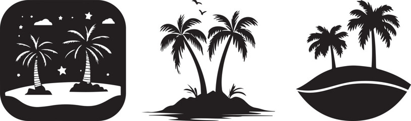 Silhouette of beach palm trees on land, vector silhouette