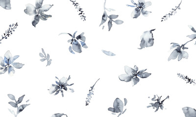 水彩画。水彩タッチのモノクロ草木と花のベクターイラスト。高級感のあるモノクロの草木イラスト。Watercolor painting. Vector illustration of black and white plants, trees and flowers with watercolor touch. Luxury black and white grass and trees illust