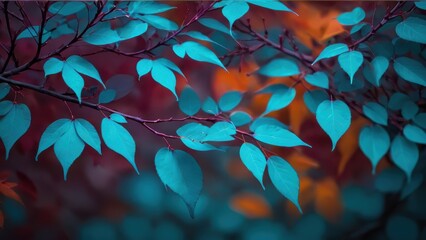 Vibrant branches with teal leaves contrasted against a blurred background of warm orange and red hues.