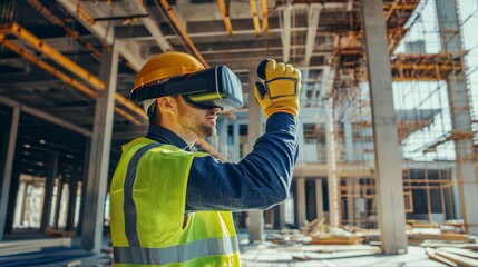 A detailed photograph of a construction worker using virtual reality tools to simulate building construction and safety procedures on-site, VR construction simulation scene