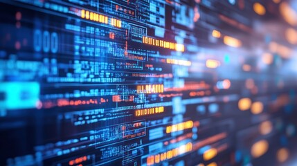 Abstract digital data stream with various codes and glowing elements.