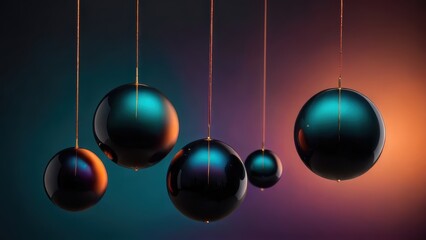 Suspended glossy spheres reflecting teal and orange gradients, set against a dramatic, softly lit background.