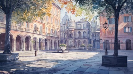 Obraz premium Sunlit Italian plaza, trees, old buildings.