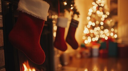 Cozy Christmas scene with stockings hung by the fireplace, glowing lights, and presents under a decorated tree.
