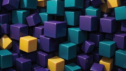 Vibrant geometric cubes in teal, purple, and yellow, forming a dynamic 3D abstract pattern.