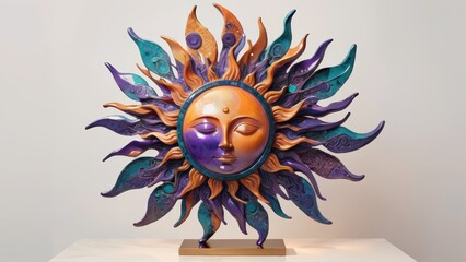 Vibrant celestial sun sculpture with purple, orange, and teal accents on a minimalist white background.