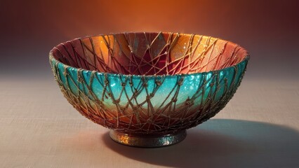 Handcrafted glass bowl with vibrant teal and orange hues, adorned with intricate golden thread patterns.