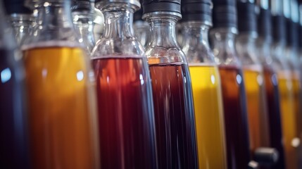Display of various glass bottles filled with natural wine, showcasing an array of colors. The setting is bright and modern, emphasizing the rich hues and organic nature of the wines.