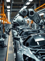 Fototapeta premium Industrial robot arm assembling car parts on a production line, machinery, manufacturing automation, , automotive industry, precision engineering