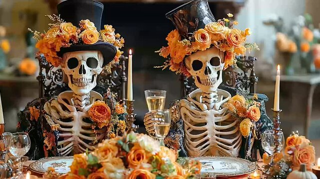 Skeletons couple drinking cocktails in bar. Halloween concept