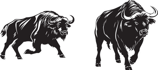 Silhouette of wild running buffalo, vector silhouette