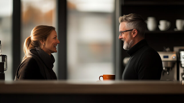 Two coworkers from diverse backgrounds engage in a friendly conversation at a cozy cafe on a chilly afternoon - Powered by Adobe