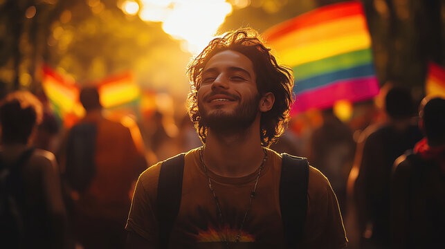 Person at pride parade with rainbow flag symbolizing freedom and self-expression