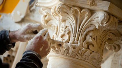 A detailed shot of a craftsman carving intricate details on a stone pillar for a historic restoration project, Stone carving scene, Artisanal and historical preservation style