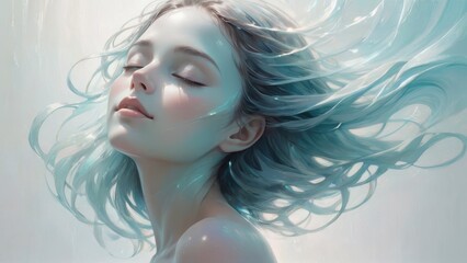 Ethereal portrait of a serene woman with flowing pastel blue hair in soft, dreamy light.