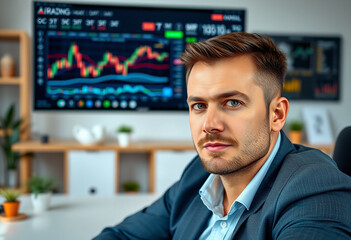 male trader in front of large trading monitor