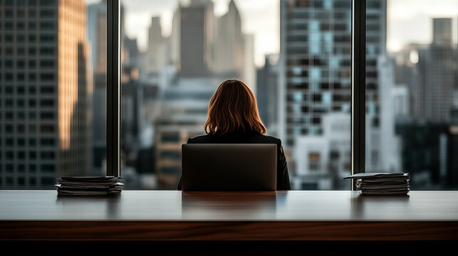 CEO sits confidently at a minimalist desk overlooking a city skyline during late afternoon