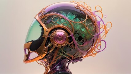 Futuristic helmet with intricate organic wires and glowing green and purple accents.