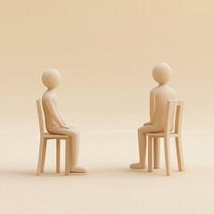 Two wooden figures sitting on chairs facing each other symbolizing communication