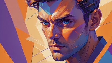 Bold geometric portrait of a man with intense blue eyes and dynamic orange and purple tones.