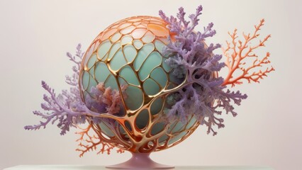Sculptural orb with golden lattice, pastel coral elements, and intricate sea-inspired design.
