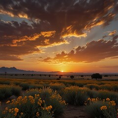 Obraz premium Golden sunset over a field of wildflowers. Dramatic clouds fill the sky at sunrise or sunset. Vast, open landscape.