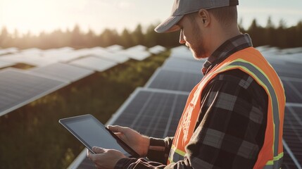 A detailed shot of a solar farm technician in a work vest and cap, using a tablet to monitor panels with rows of solar arrays extending into the distance, Solar farm monitoring scene