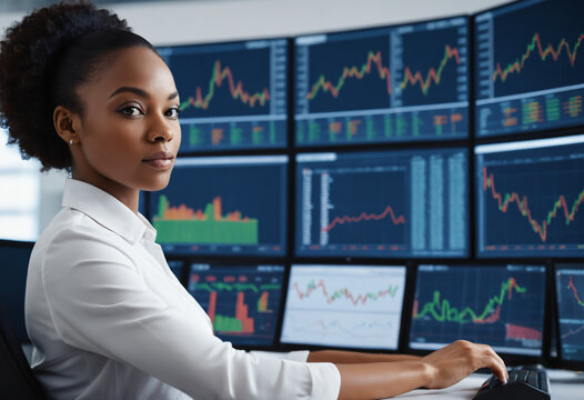 Black female trader in front of large trading monitor