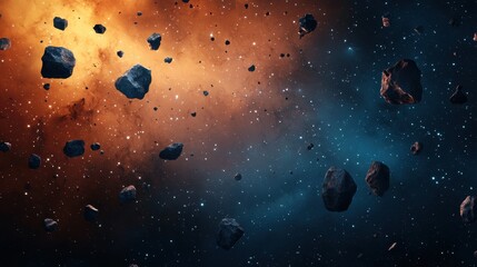 Fototapeta premium material science alloys. A stunning cosmic scene featuring floating asteroids in a vibrant space backdrop of orange and blue hues.