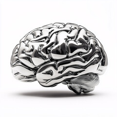 Chrome brain sculpture on plain background symbolizing modern intelligence