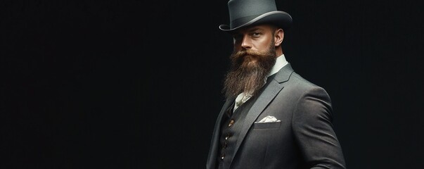 Victorian gentleman wearing top hat and suit posing on black background